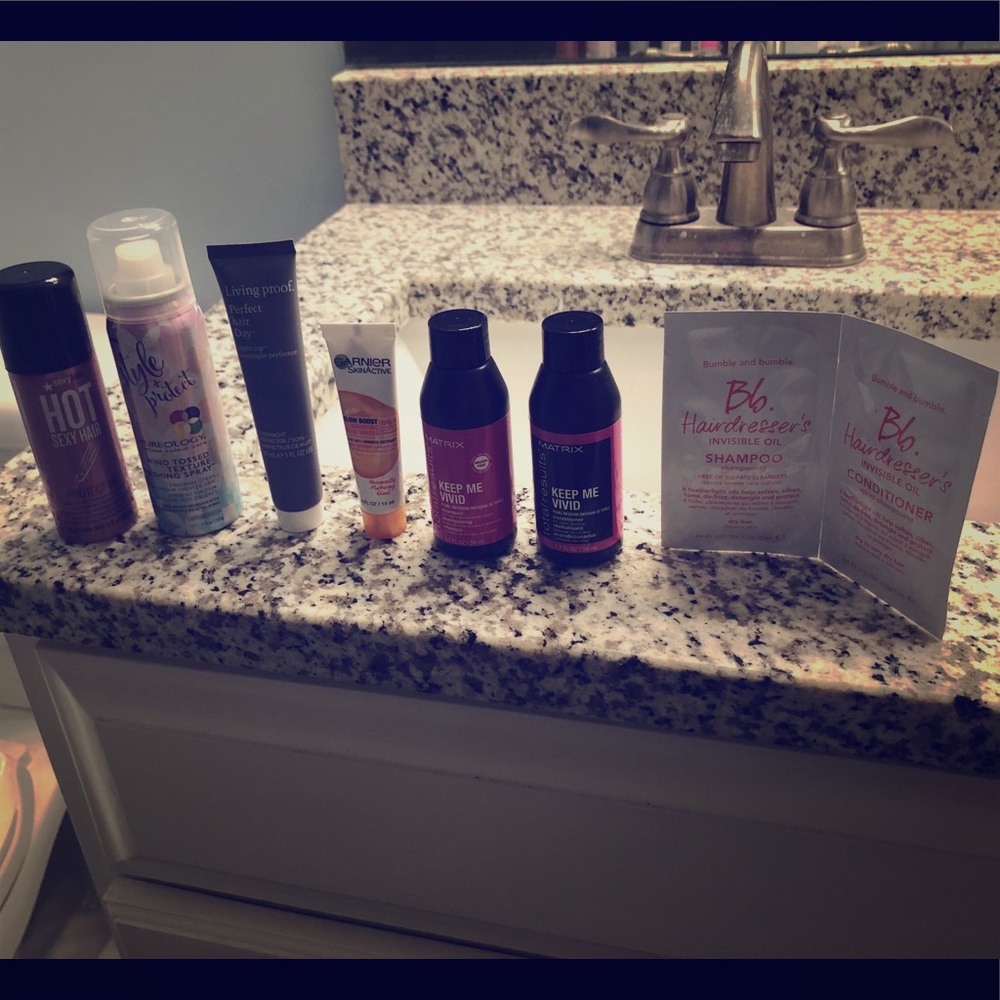 Lot of hair product samples and one moisturizer